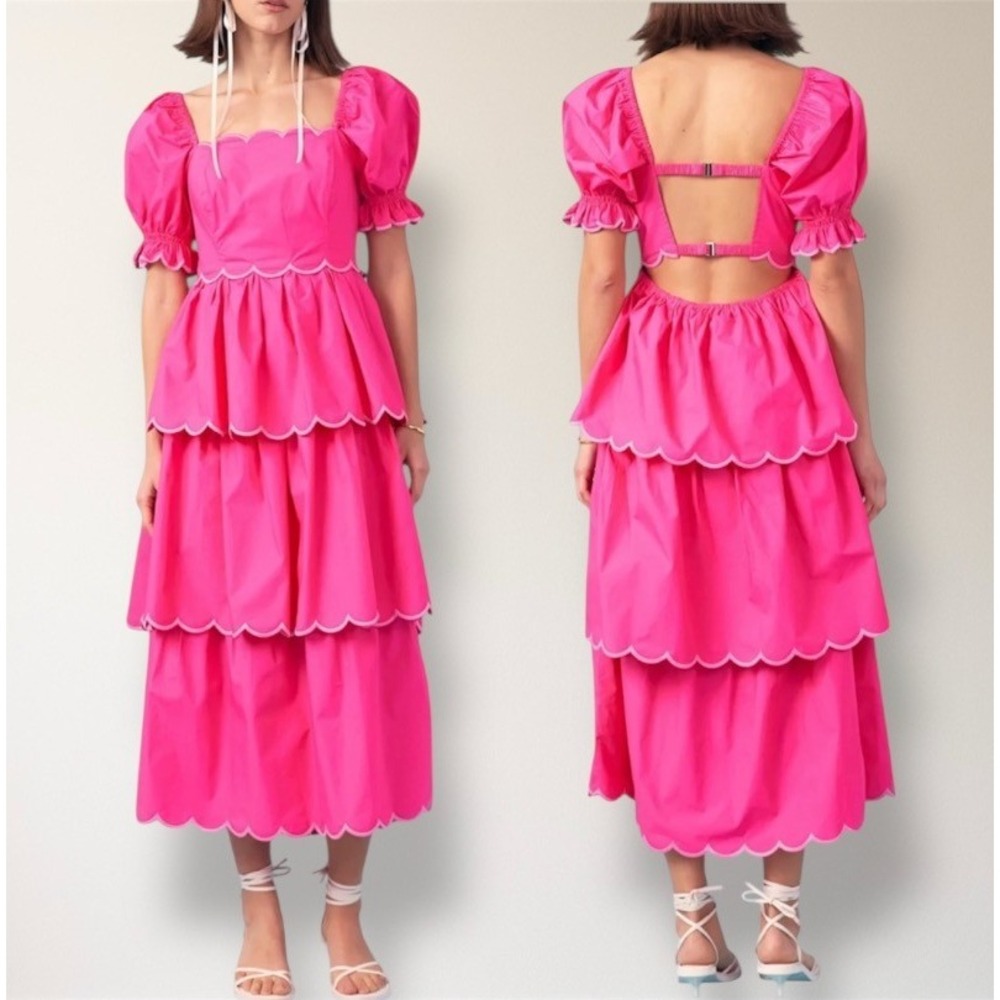 English Factory Anthropologie‎ L Pink Scallop Tiered Maxi Dress Puff Sleeve Boho